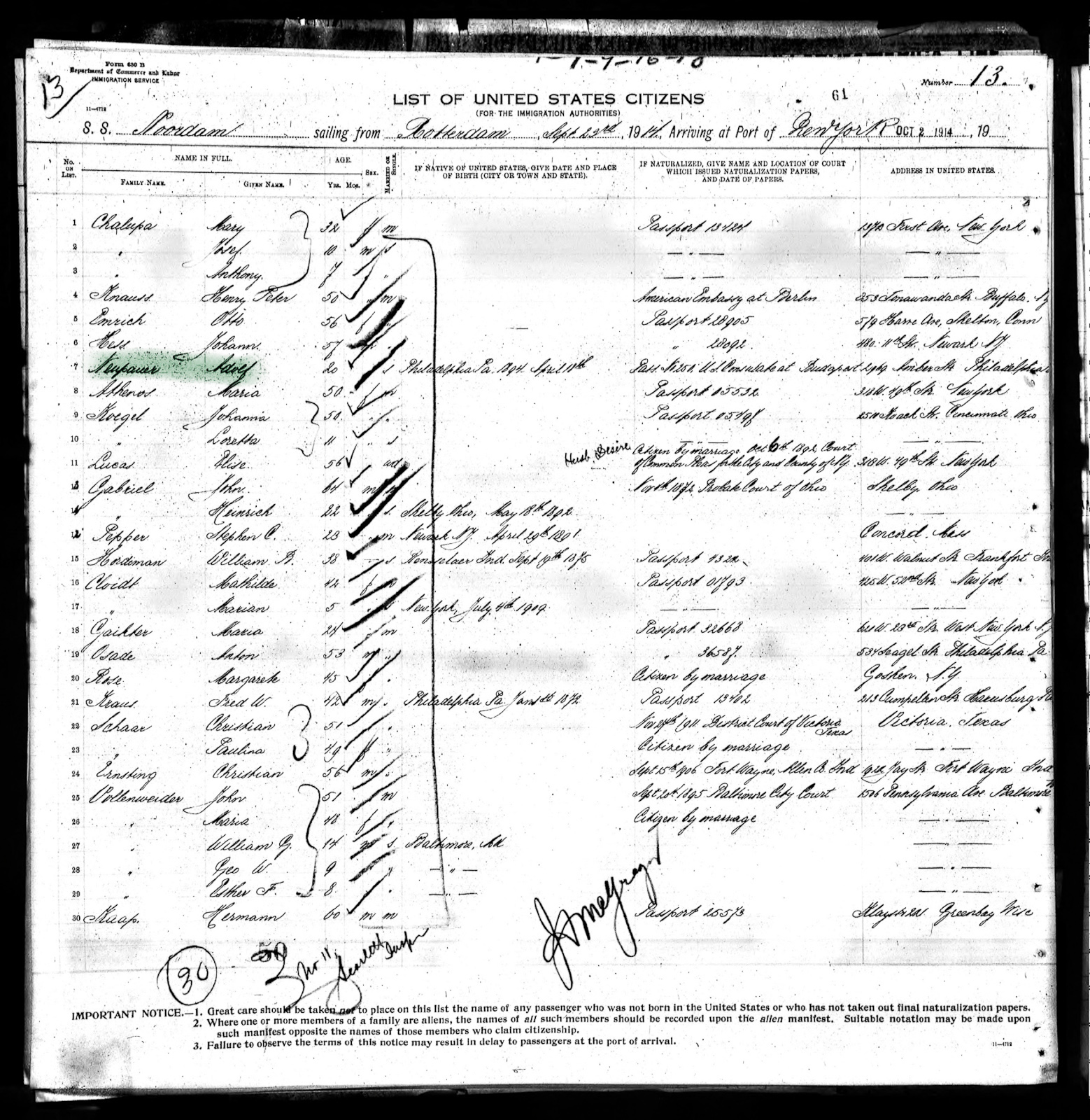 Arrival - Adolf Neupauer 1914 - New York Passenger Lists, 1820-1957