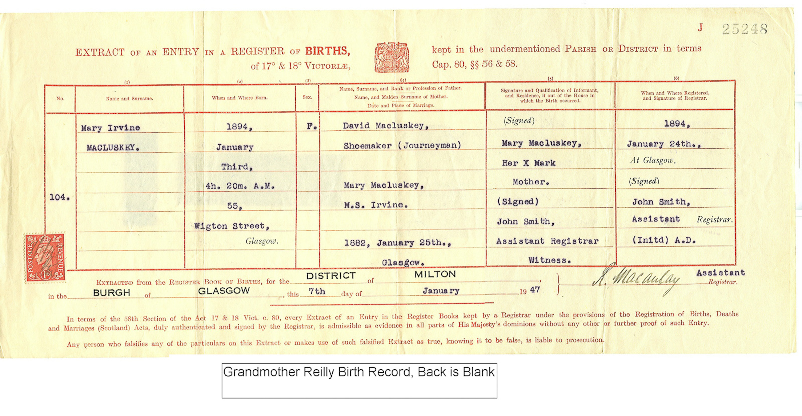 Birth Certificate - Mary Irvine Macluskey (Reilly)