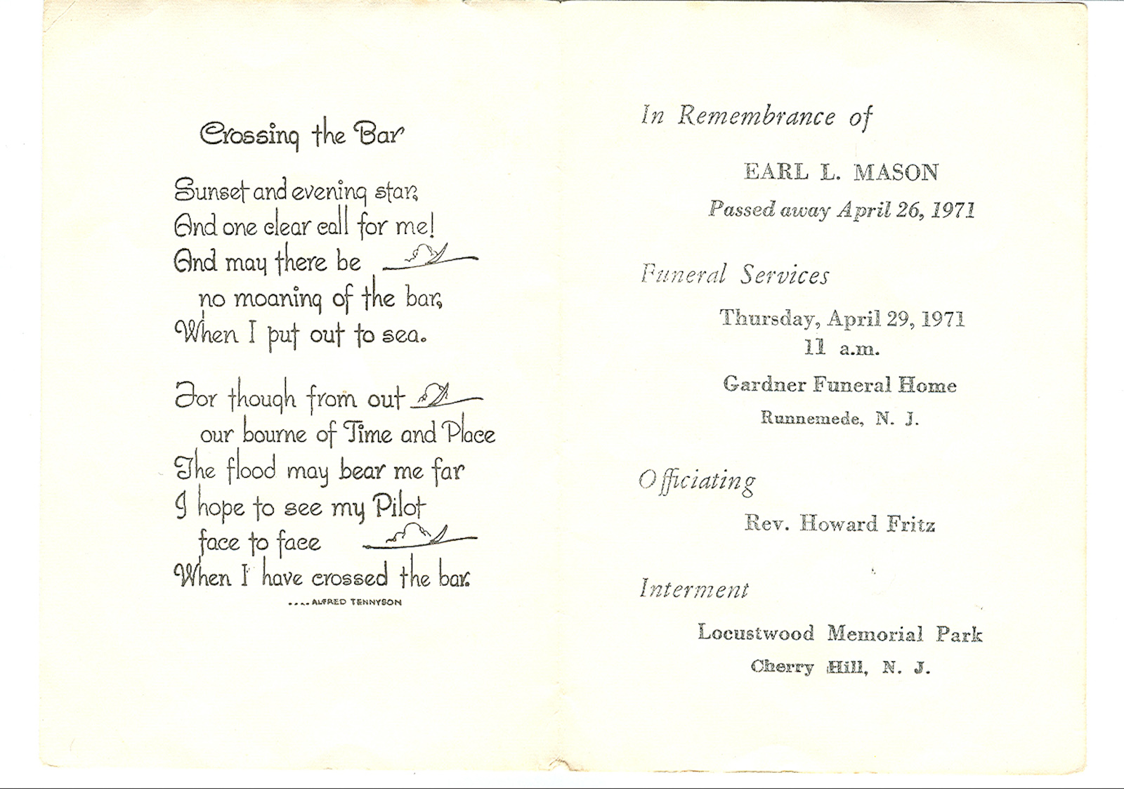 Prayer Card - Earl L Mason