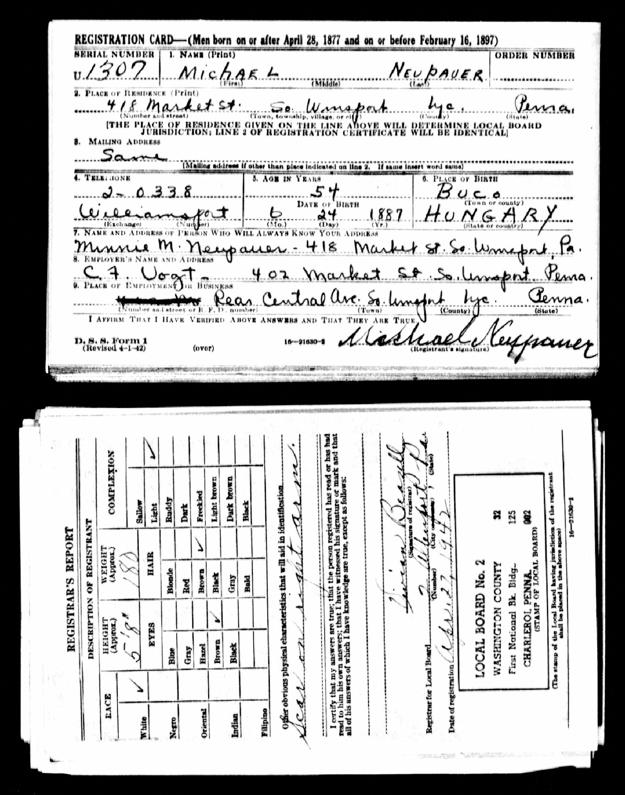 WWII Draft - Michael Nuepauer - U.S. World War II Draft Registration Cards, 1942