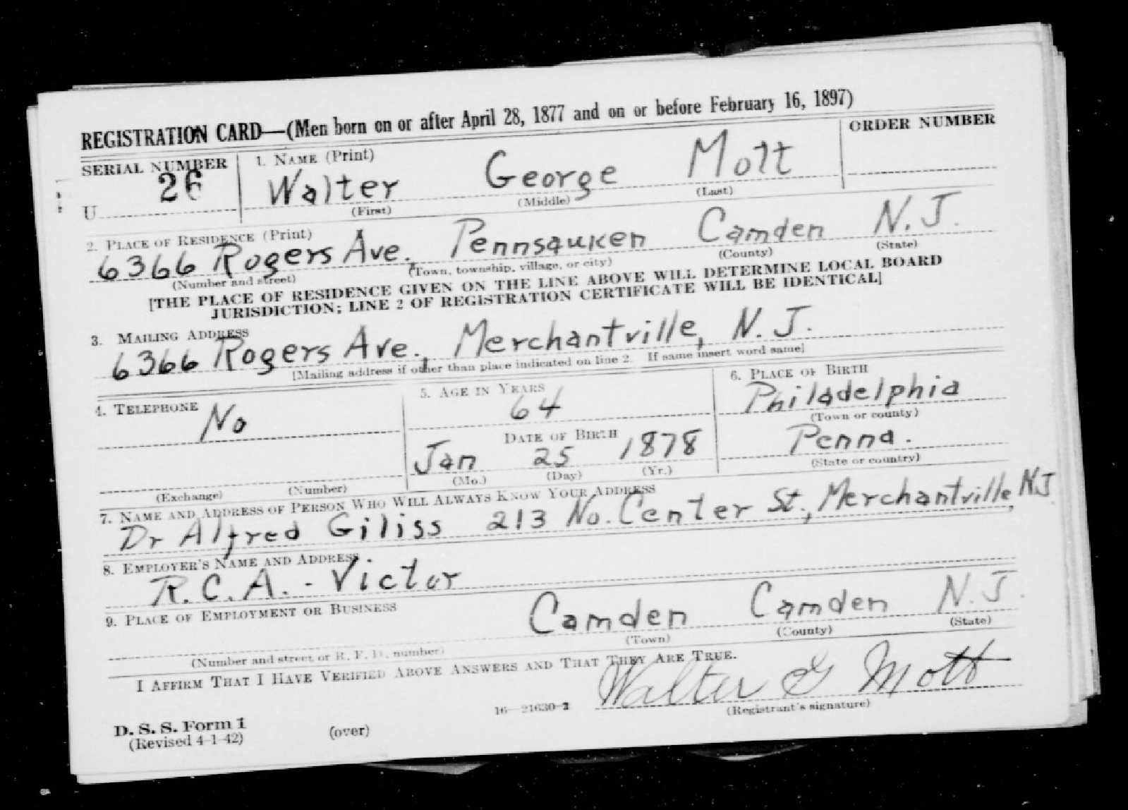 WWII Draft - Walter George Mott - U.S. World War II Draft Registration Cards
