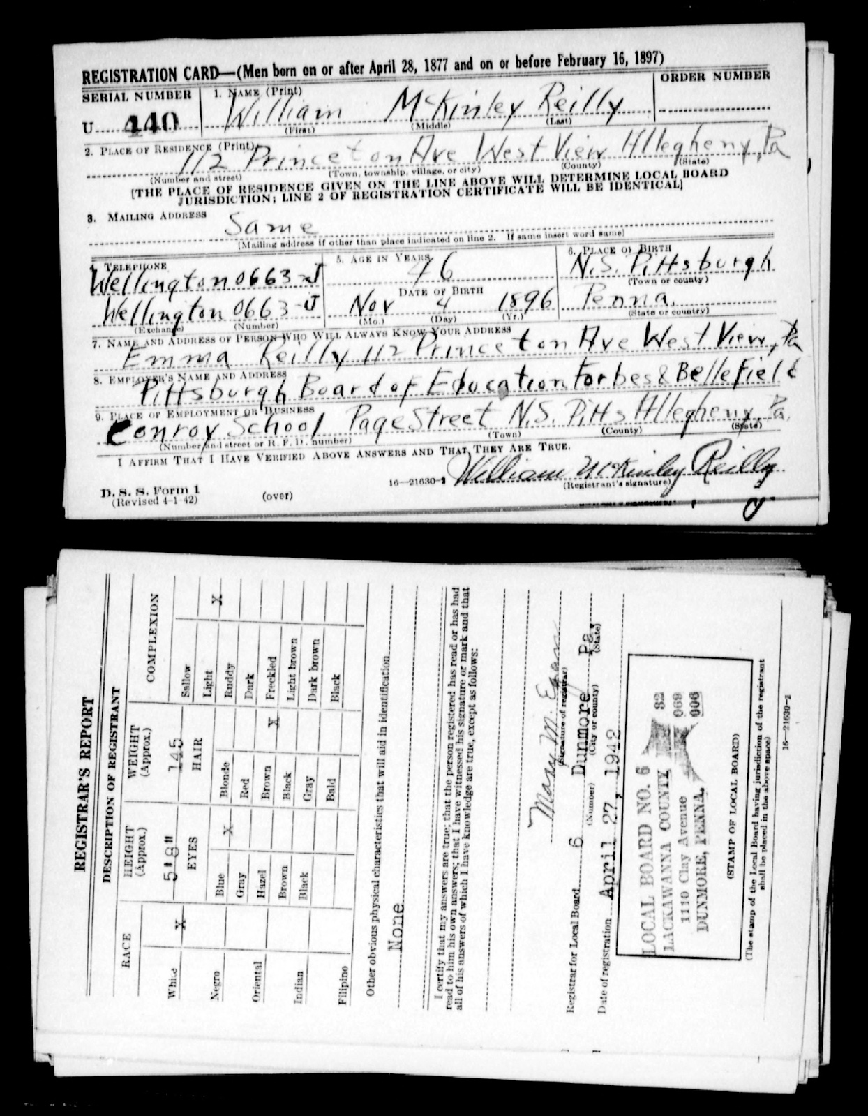 WWII Draft - William McKinley Reilly - U.S. World War II Draft Registration Cards, 1942