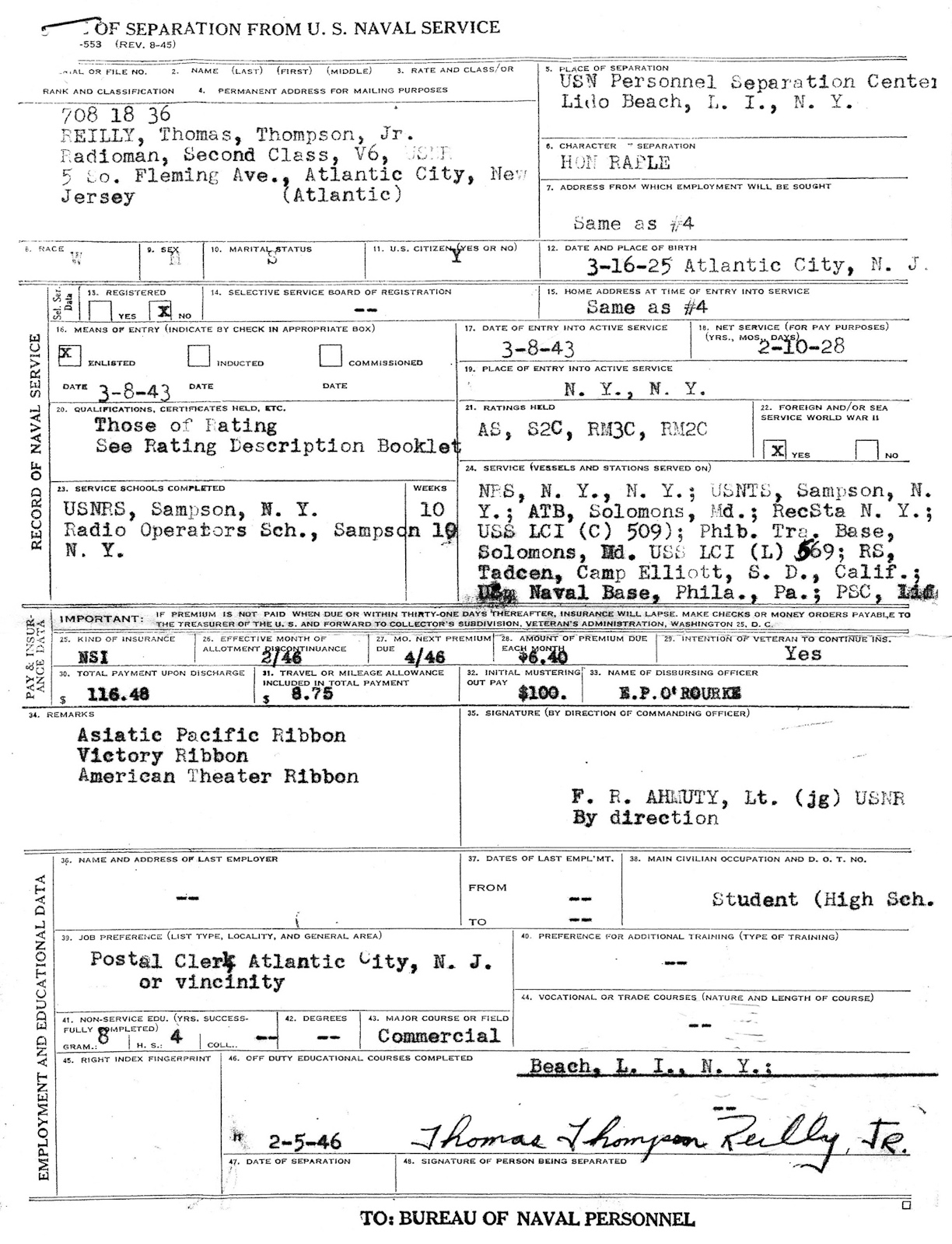 WWII Service Record - Thomas T Reilly Jr
