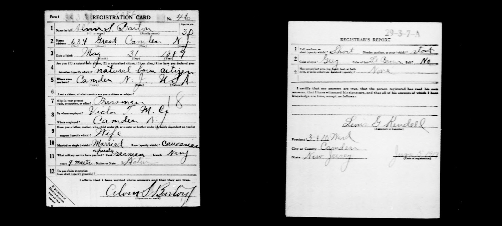 WWI Draft - Alvin S Barton - World War I Draft Registration Cards