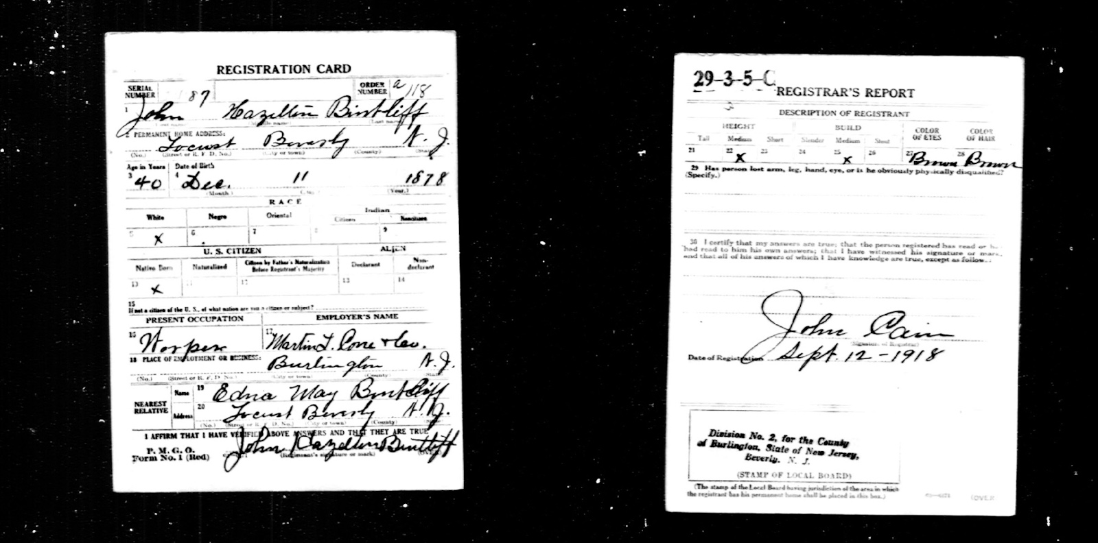 WWI Draft - John Hazelton Bintliff - World War I Draft Registration Cards, 1917-1918