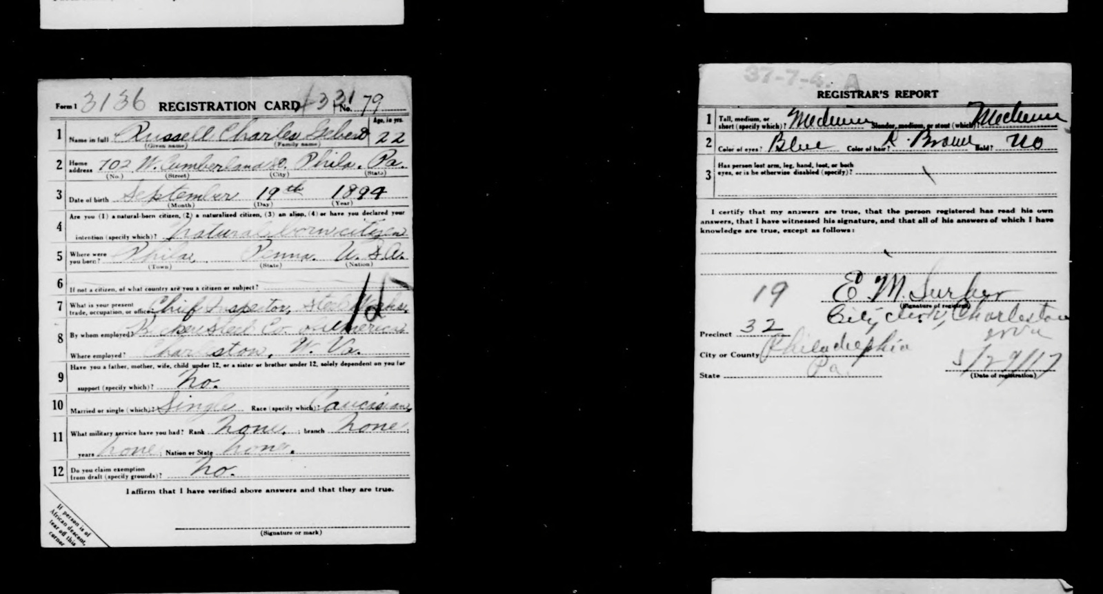 WWI Draft - Russell Charles Gebert - World War I Draft Registration Cards