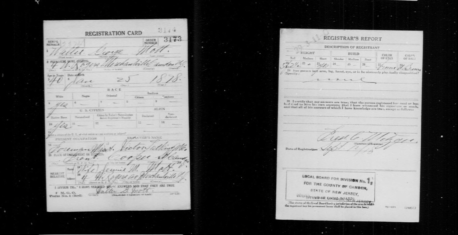 WWI Draft - Walter George Mott - World War I Draft Registration Cards